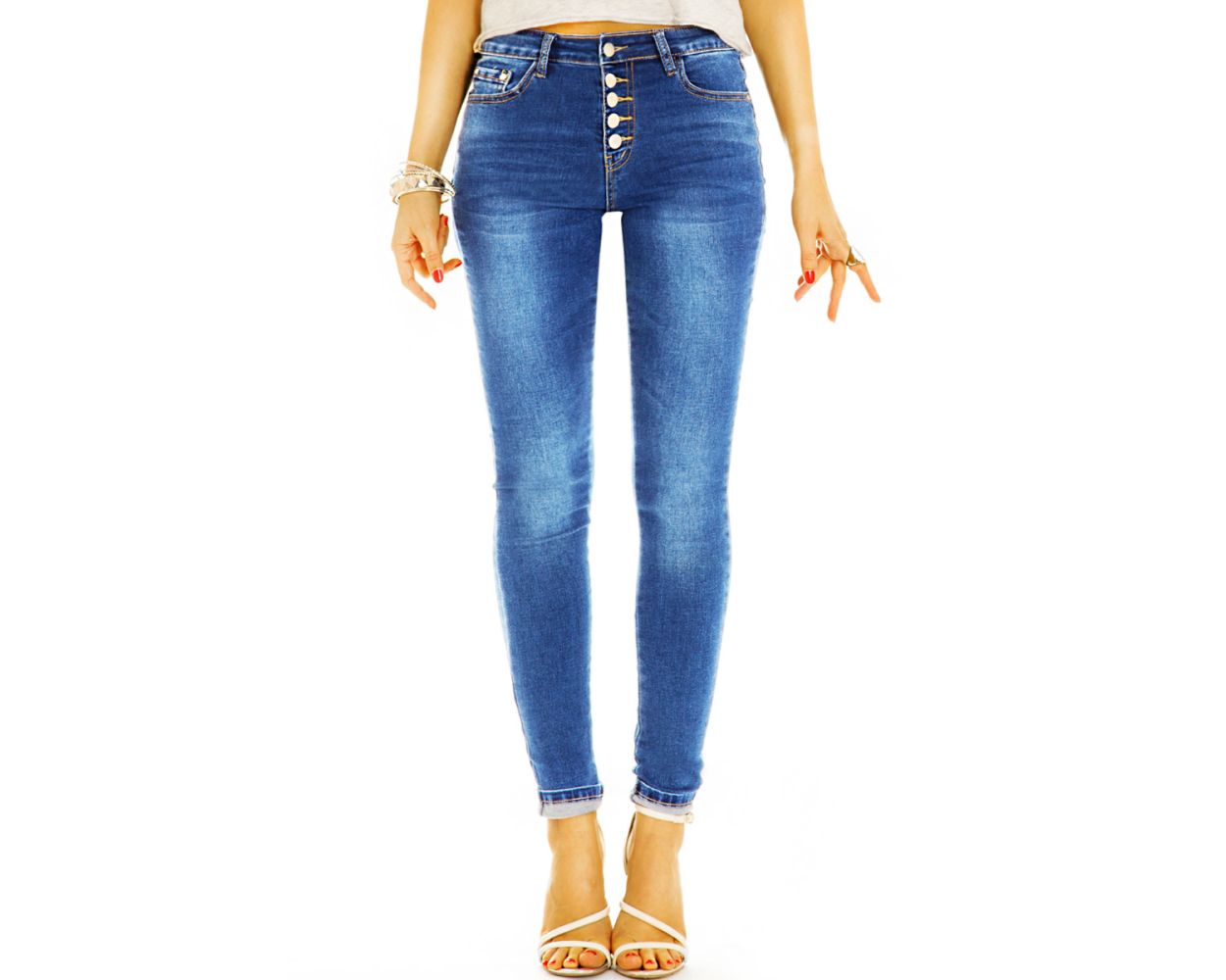 Röhrenjeans - Hose STYLED - Medium Denim waist j4e-1 Jeans Damen BE mit - stretch skinny bequeme - Knopfleiste