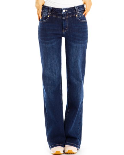 Normal hohe Bootcut Jeans locker geschnittene Schlaghose stretchige dunkelblaue loose fit Hosen - Damen - jw8115